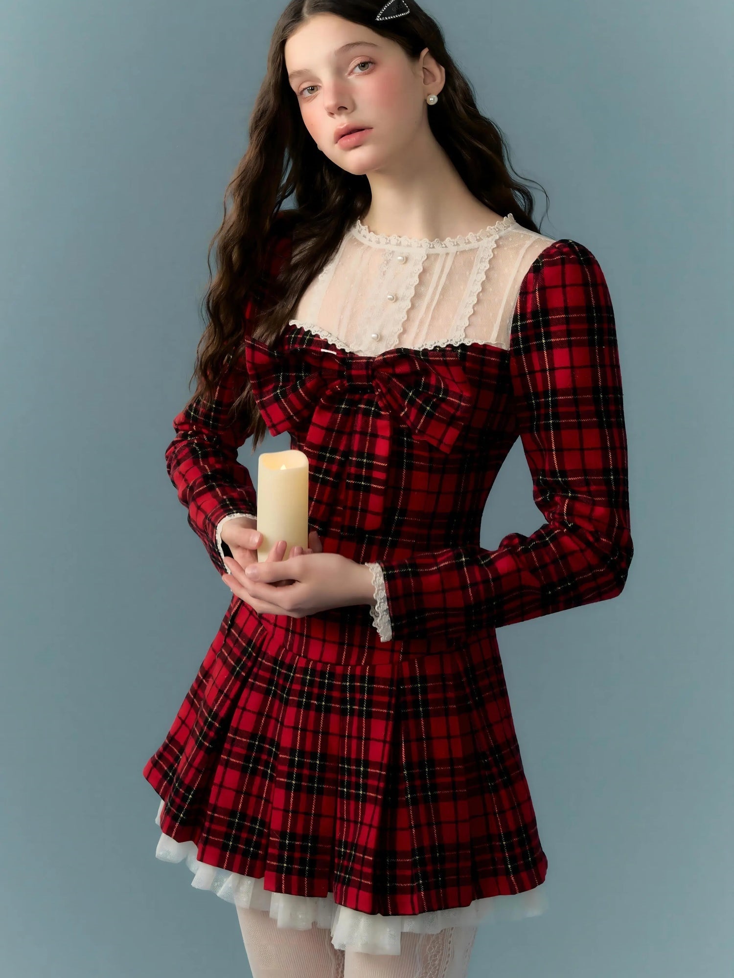 Bow Lace Splicing TartanCheck Dress