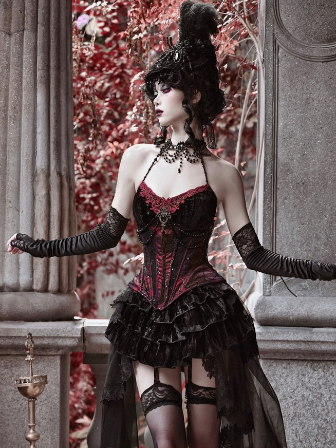 Gothic Velvet Fishbone Corset ＆ Bead Decoration Camisole & Tulle