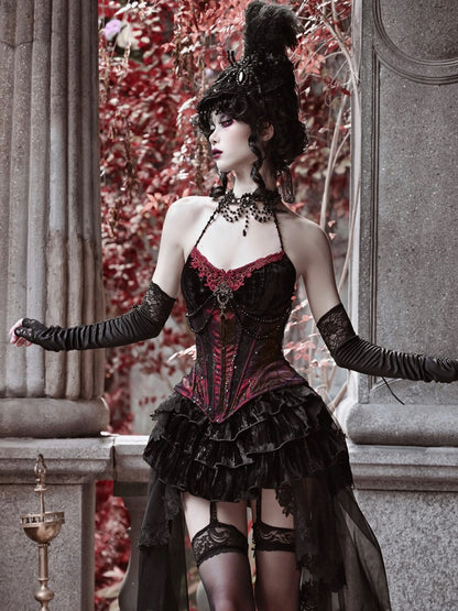 Gothic Velvet Fishbone Corset &amp; Bel Decoration Camisole &amp; Tulle en dentelle en velours jupe