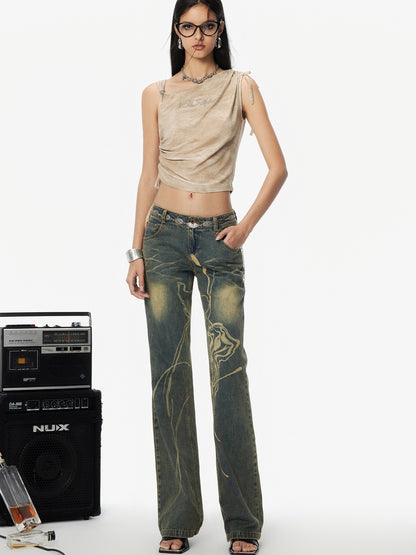 Retro Burnt Slim Flare Denim Pants