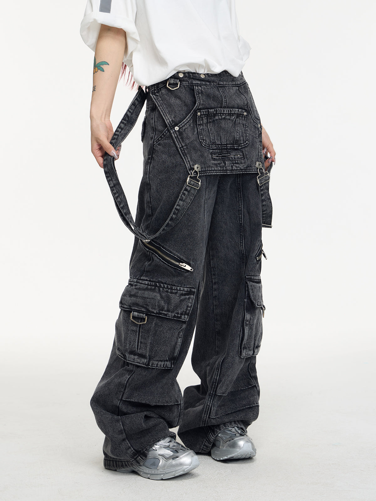 Retro Suspender Design Stitching Denim Pants