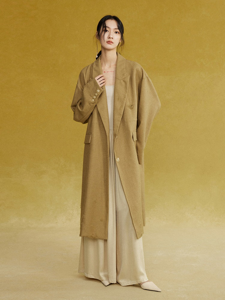 Drawstring Waist Frayed Long Coat