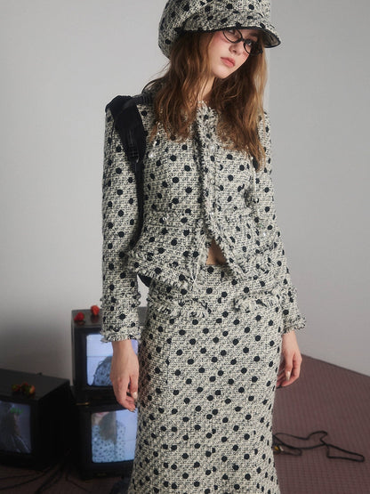 Polka Dot Tweed No-Collar-Jacke &amp; Rock