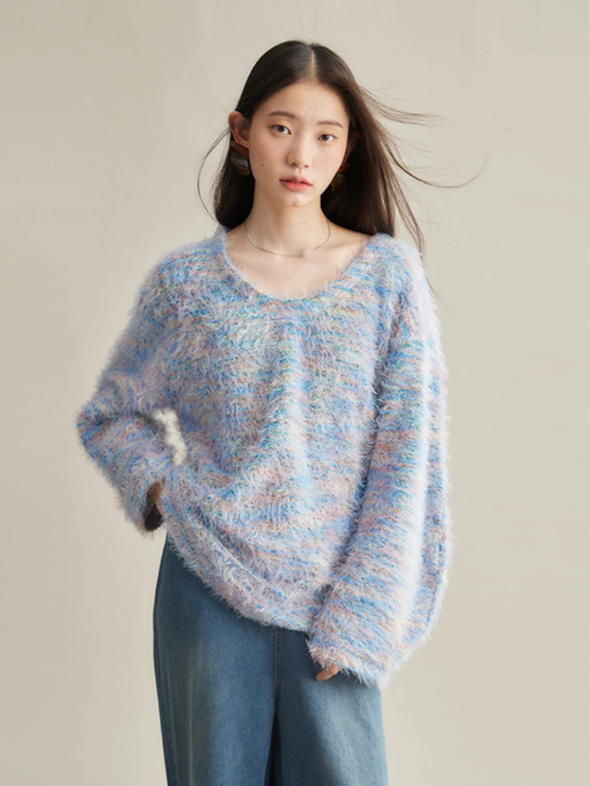 Mix Color Shaggy Touch Pullover Knitted ＆ Dress