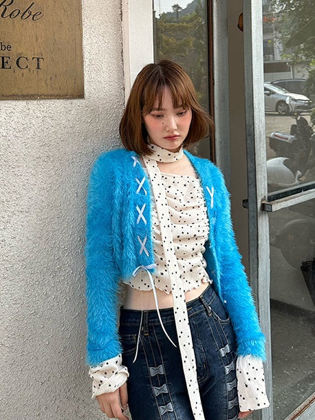 Ribbon Imitation Mink Short Cardigan