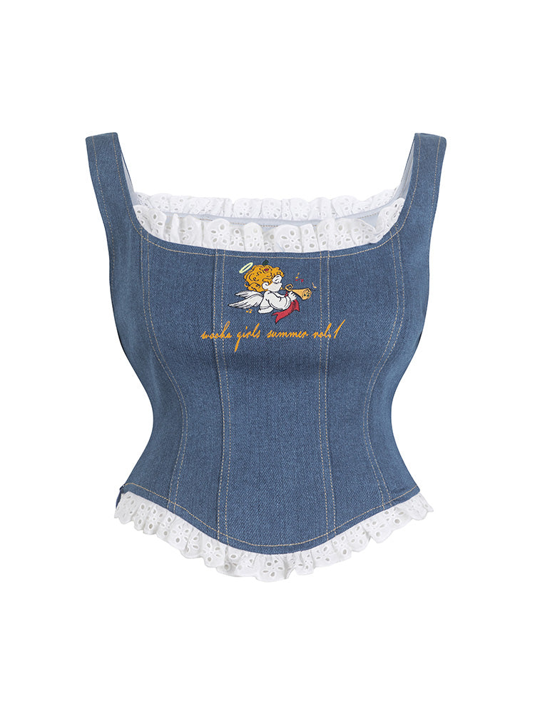 Denim enge Spitzenbustier -Tops