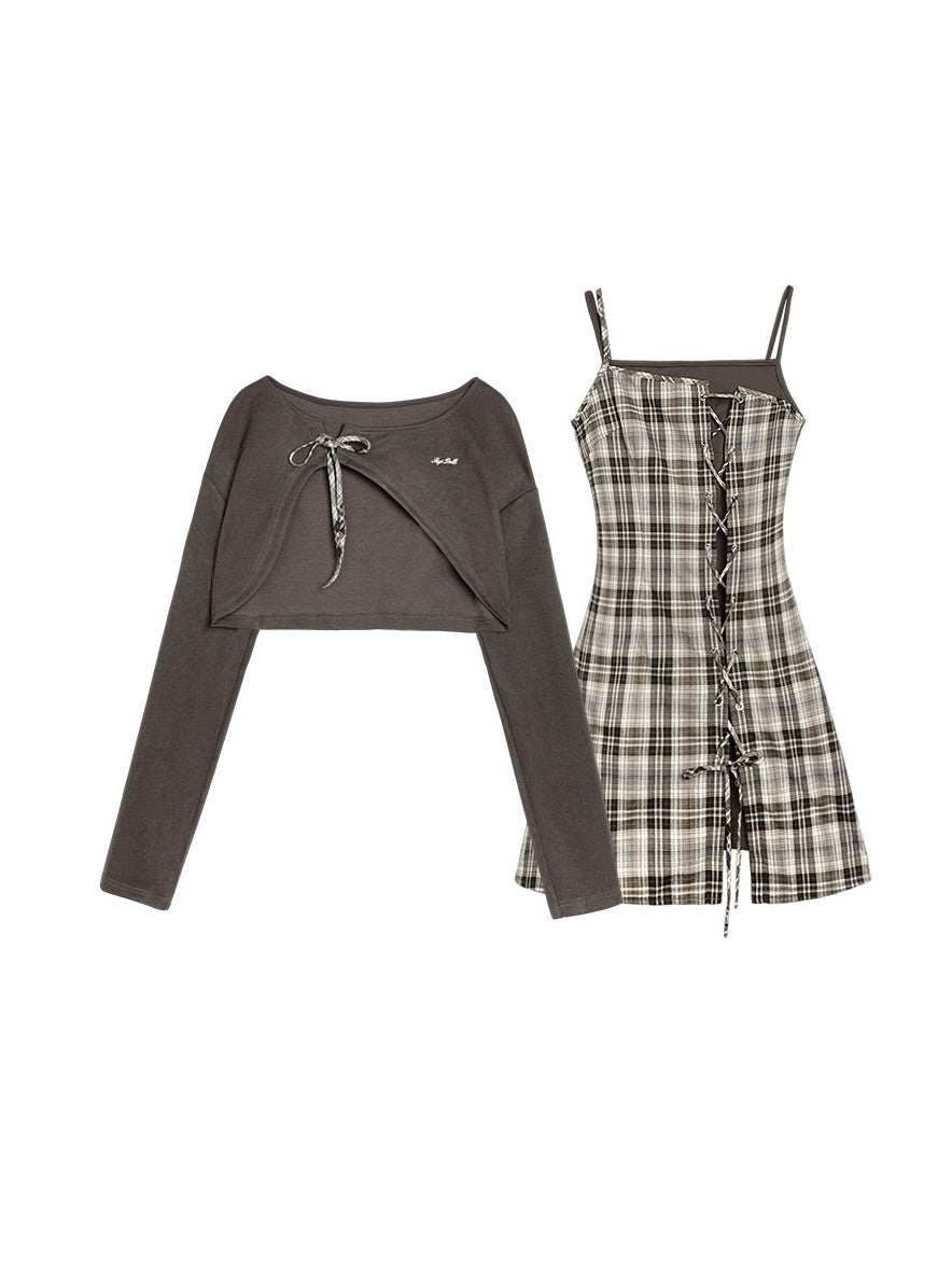 Plaid Suspender One-piece ＆ Cardigan Set-up