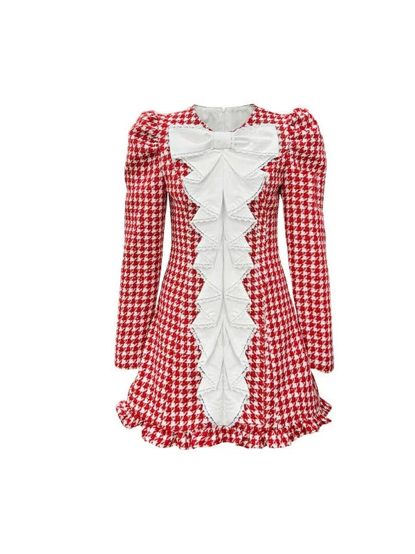 Houndstooth Oversized Bow Lace Puff Sleeves Dress