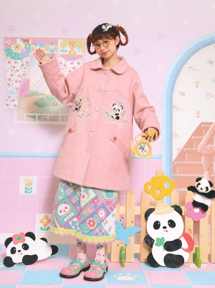 Panda Embroidered Doll Collar Mid-length Coat