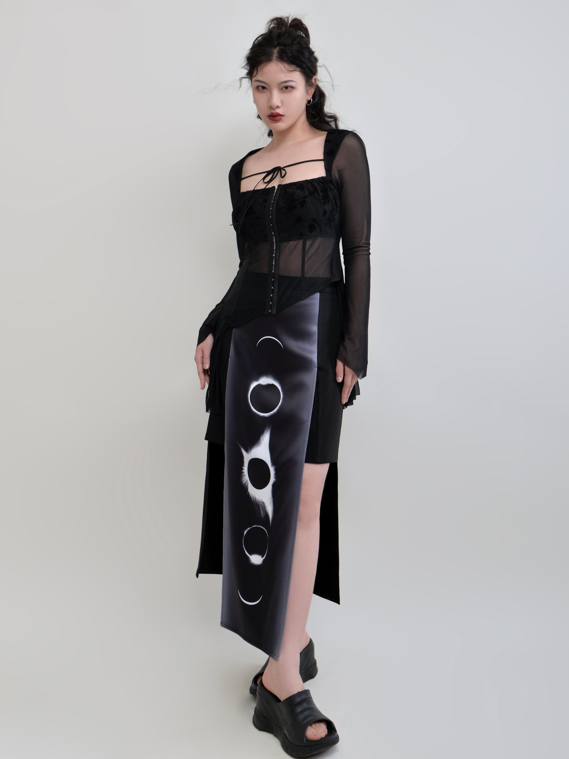 Chinese Style Printed Stitching High Waist Skirt