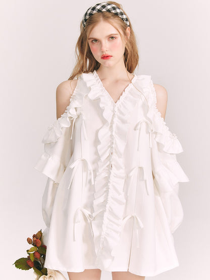 Cut-shoulder Ruffled V-neck Shirt Dress