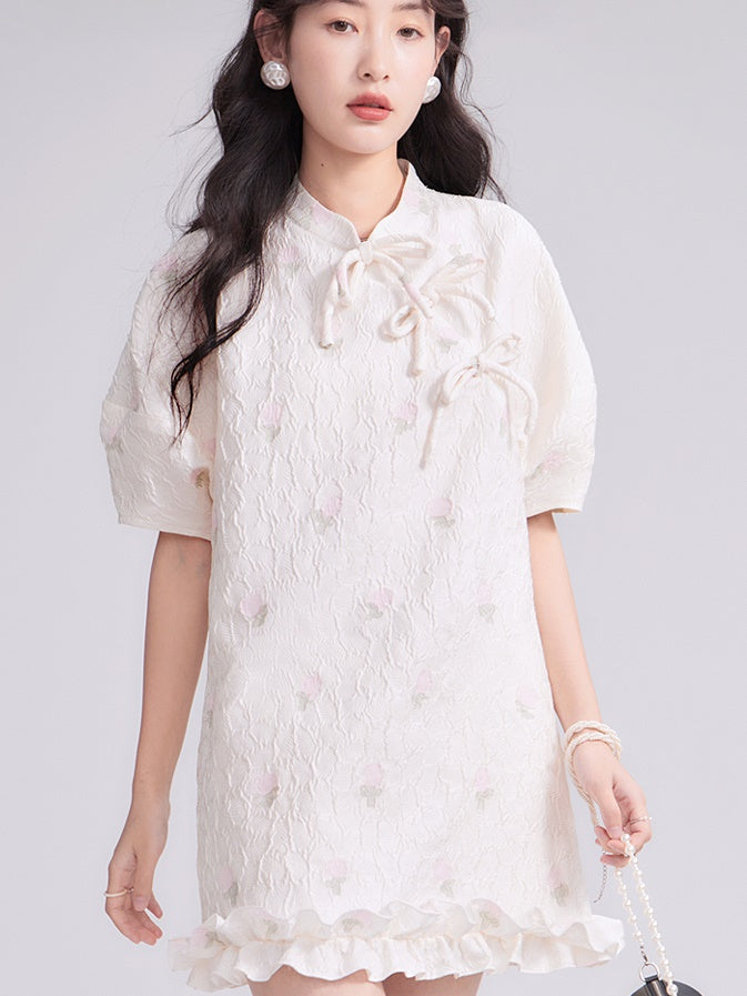 MAO COLLAR JACQUARD BOW DRESS