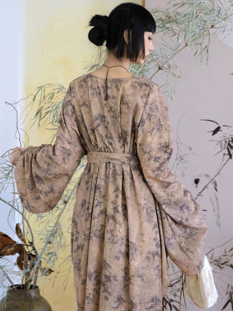 Chinese Style V-Neck Wide Gather Sleeve Dress