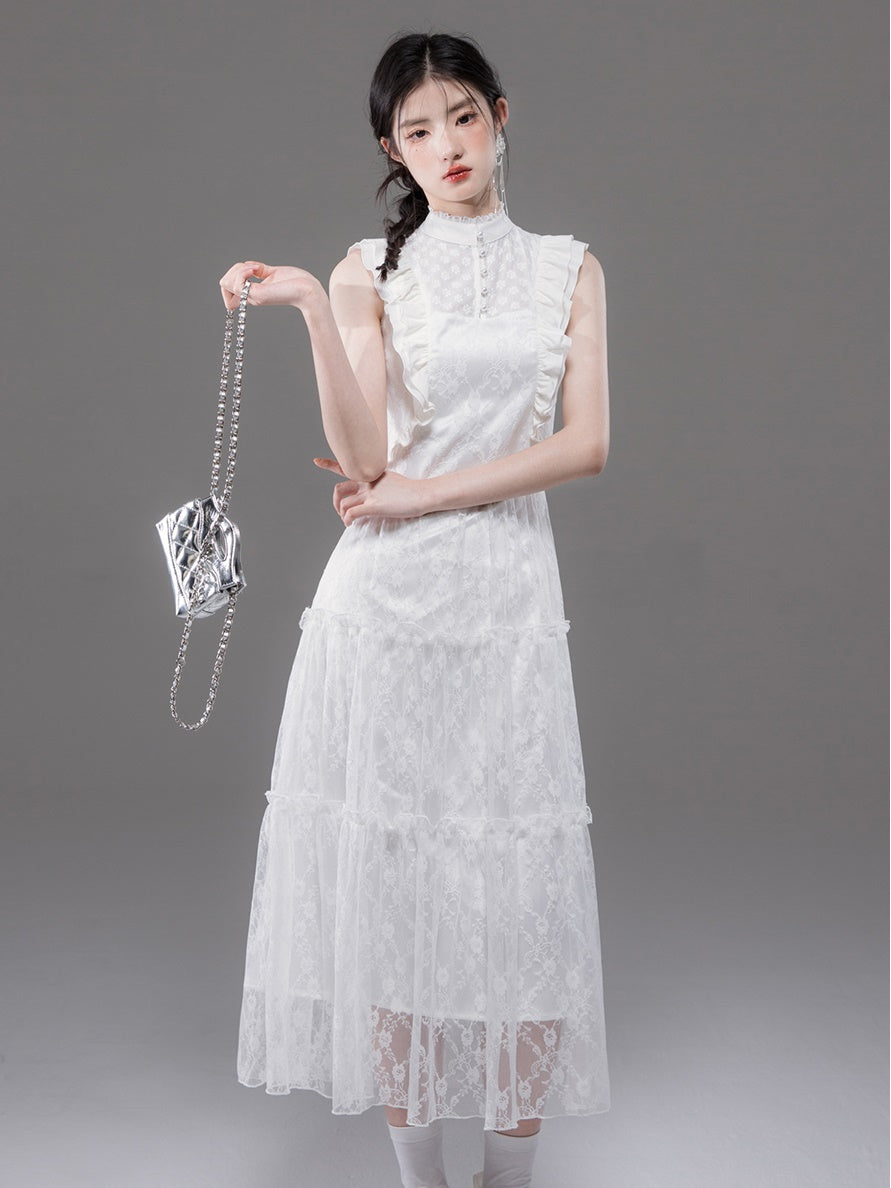 Lace Stand Collar Tiered Sleeveless Dress