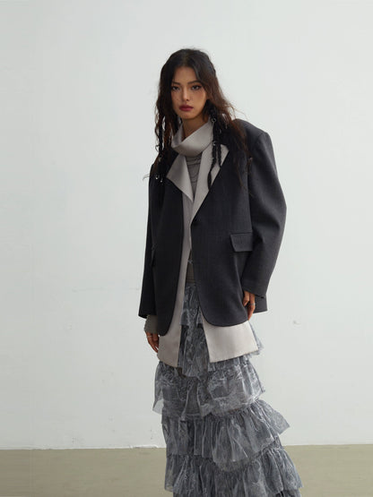 Fake Two Piece Scarf Boyfriend Silhouette Jacket