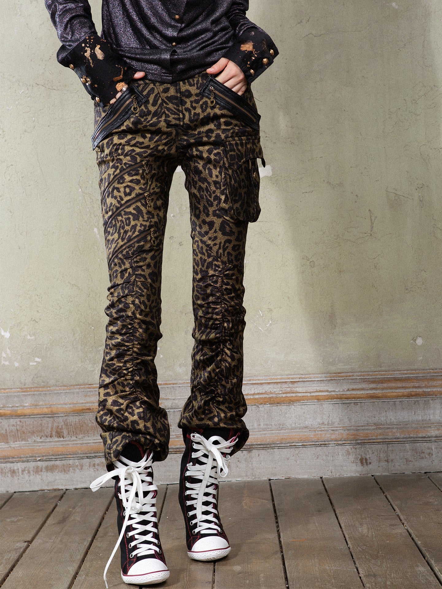 Leopard Print Punk Texture Low-waist Shirring Flared Pants