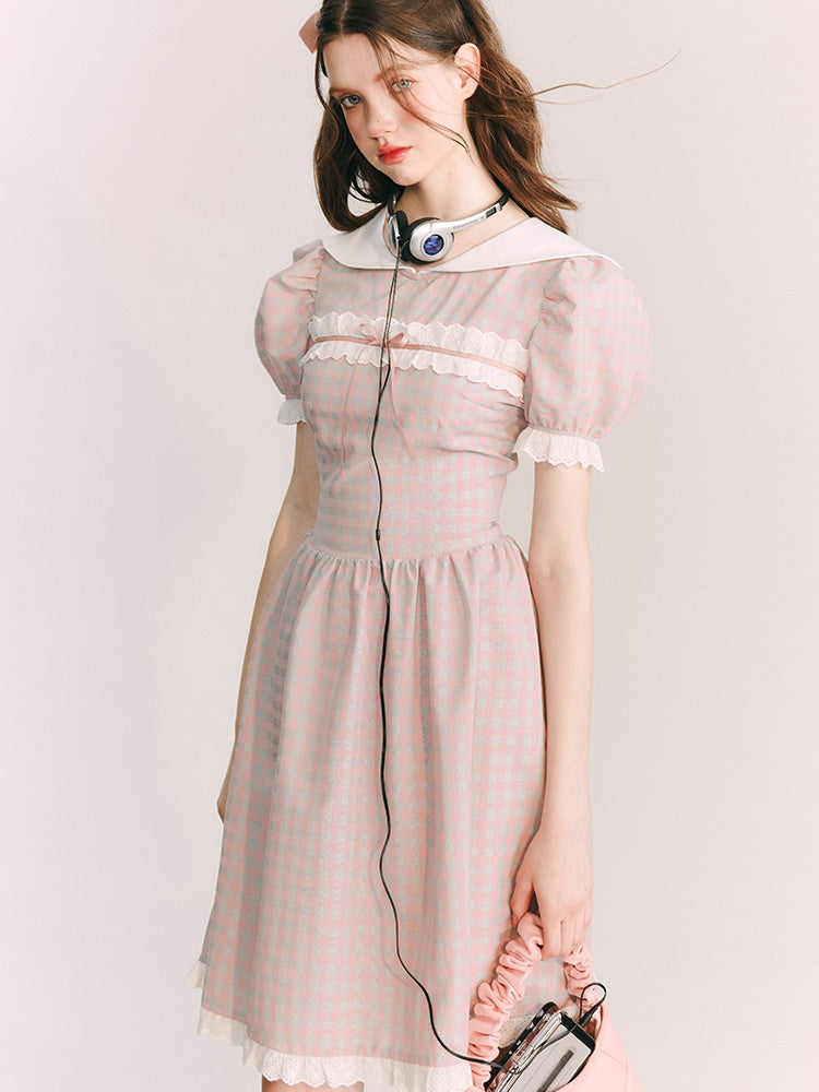 Plaid Doll Collar Lace Stitch One-piece