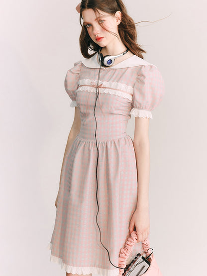 PLAID DOLL COLLAR LACE STITCH ONE-PIECE