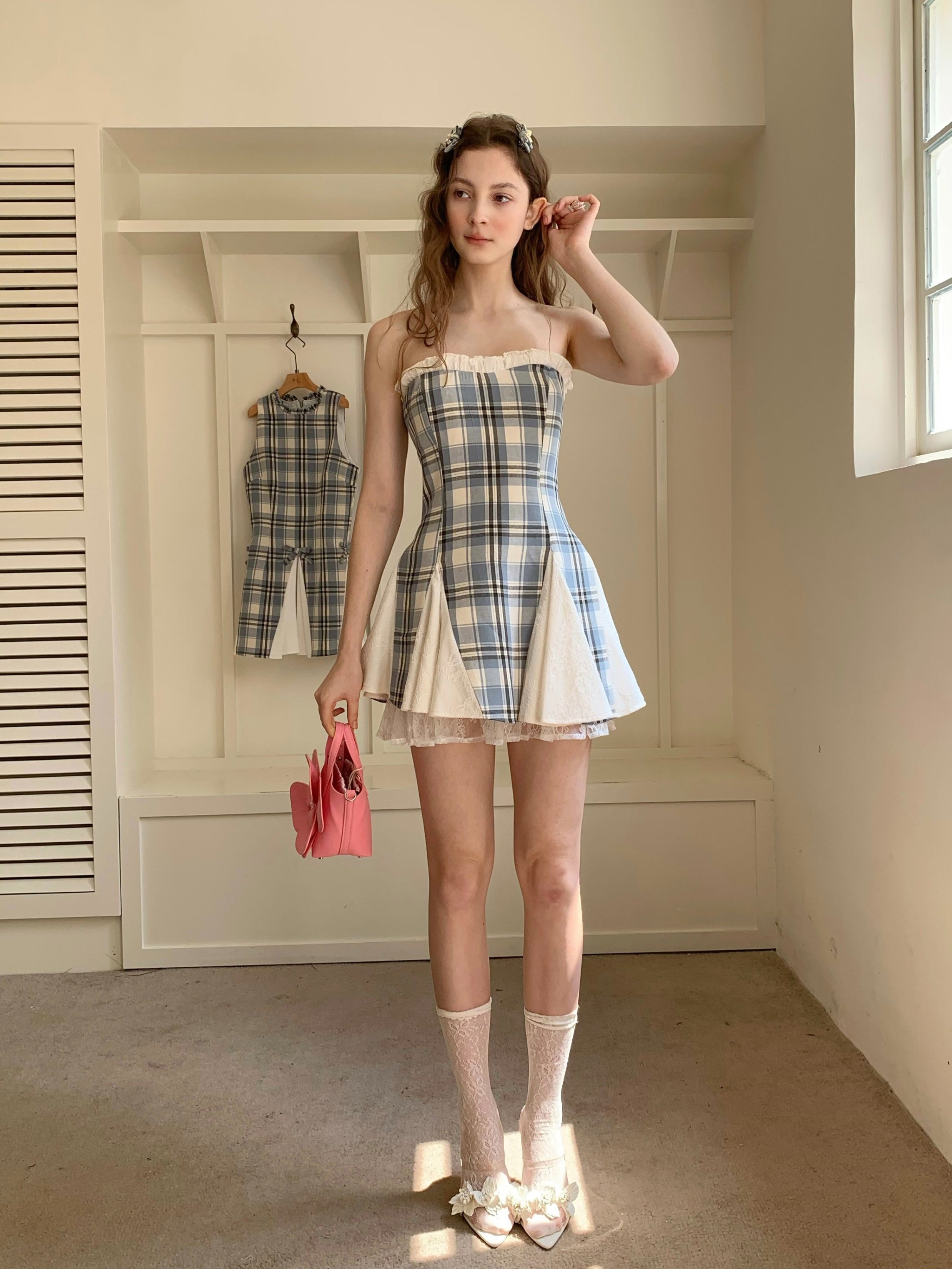 Vintage Plaid Off-shoulder Bandeau Short Dress