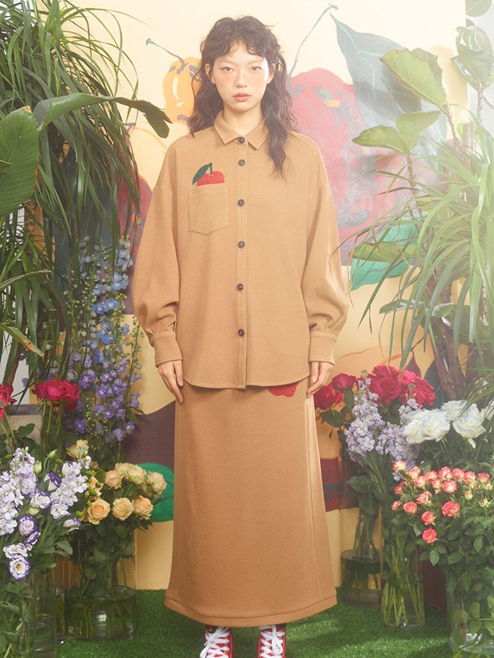 Apple Embroidered Long-sleeved Shirt &amp; Straight Skirt