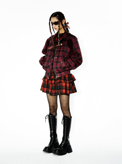 Plaid Big Button Low-Waist Switching Cake Dress