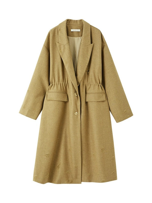 Drawstring Waist Frayed Long Coat