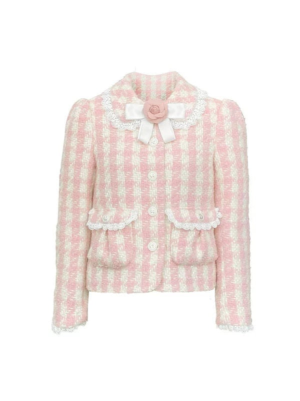 Plaid Bow Flower Brosche Spee Paded Short Jacket &amp; Rock