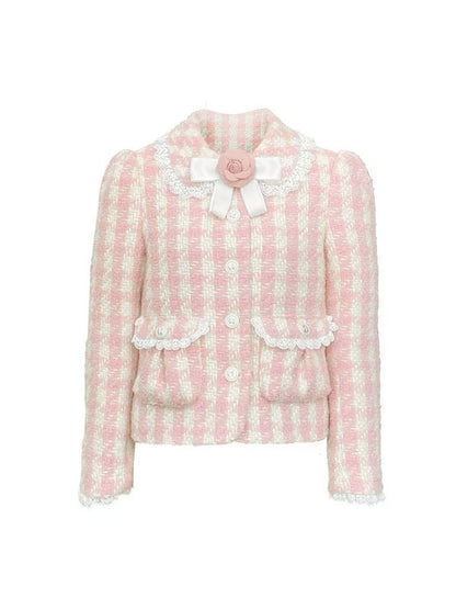 Plaid Bow Flower Brooch Lace Padded Short Jacket ＆ Skirt