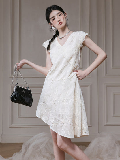 Cutwork Lace Hollow Flying Sleeve One-piece