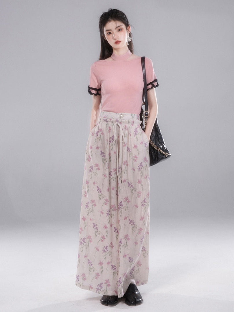 Flower Drawstring Printed Wide-leg Pants