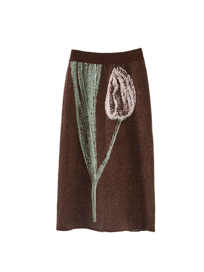 Tulip Contrasting Color Knitted Cardigan &amp; Skirt