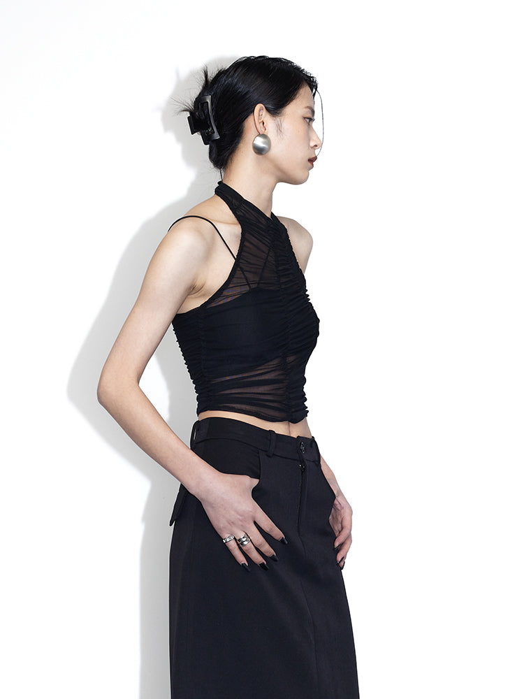 Detachable Asymmetric Sling Tube Top &amp; Gauze Pleated Tank Top Set