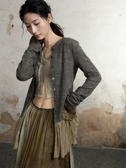 Splicing Frill Round Neck Knitted Cardigan