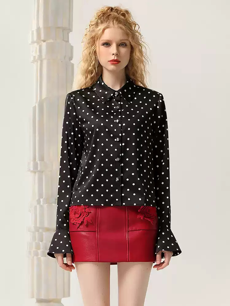 Dot Flare-Sleeve Short Tight Casual Ciffon-Blouse＆Leather-Skirt