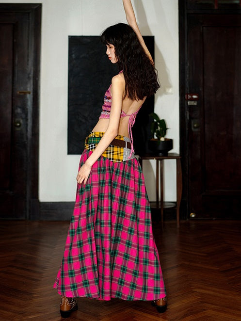 Retro Plaid Stitching Long Skirt With Belt