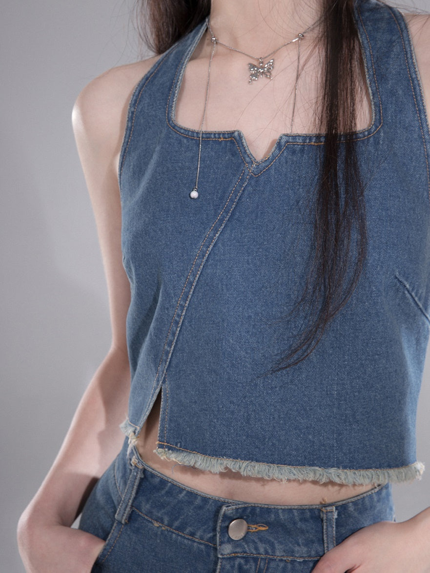 Denim Halter Neck Vest &amp; Fishtail Skirt Set-up