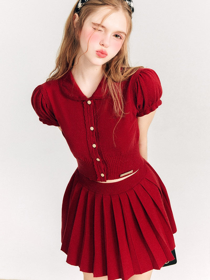 Puff Sleeve Knitted Sweater &amp; Pleated Mini Skirt