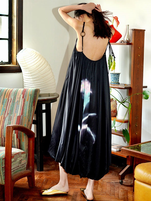 Chinese Print Loose Lantern Long Dress