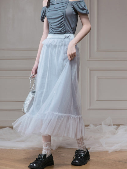 Mesh Ruffle Long Sheer Skirt