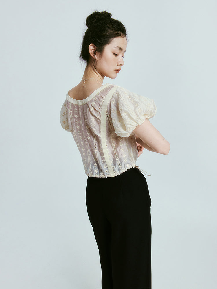 Three-dimensional Embroidery Puff Sleeve Top