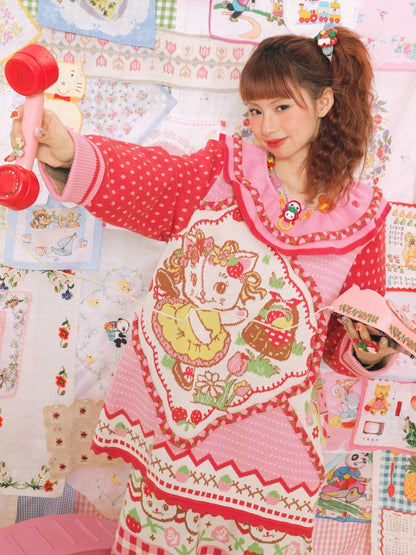 Large Lapel Cat Strawberry Jacquard Pullover Sweater