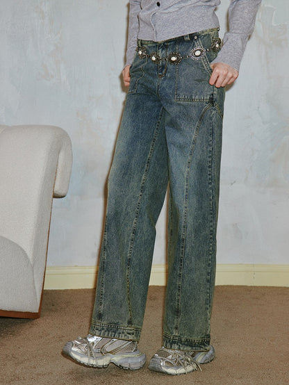 Retro Washed Design Straight Jeans