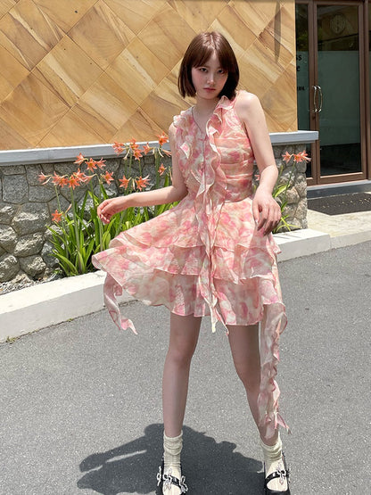 Peach Print Ruffled IRREGULAR HEM SLEEVELESS CHIFFON Dress