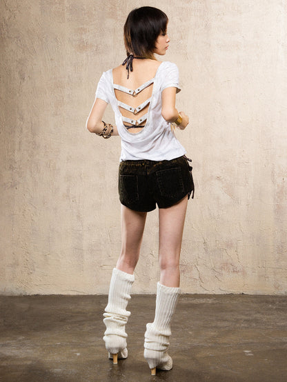 Hot Stamping Print Backless Short-sleeved T-shirt