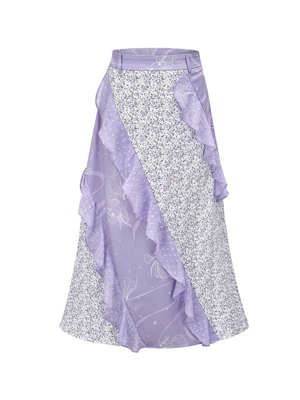 Print Stitching Ruffled Layered High-waisted Skirt