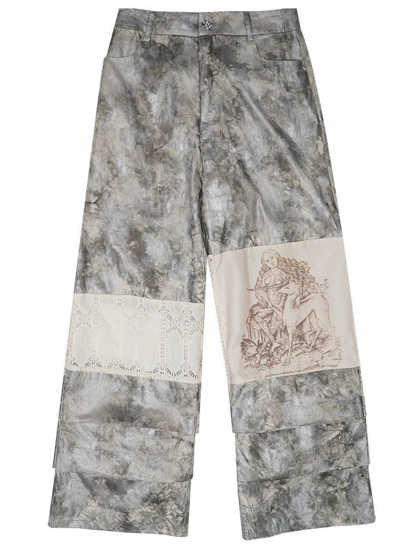 Tie-dye Printed Lace Splicing Pants