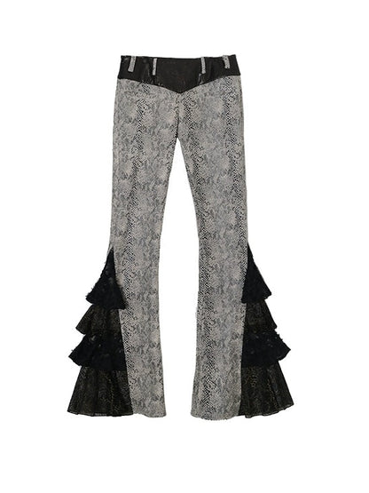 Lace Splicing Snake Pattern Imitation Leather Slim Flare Pants