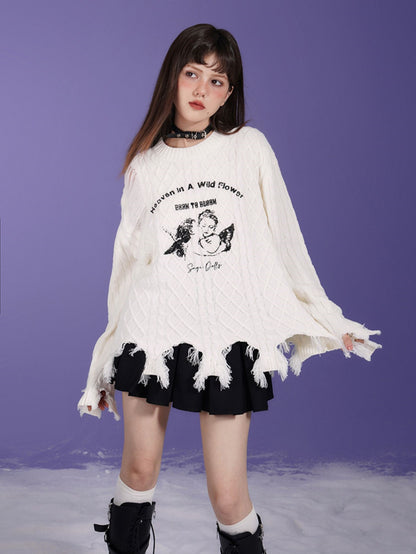 Angel Print Hole Pullover Sweater