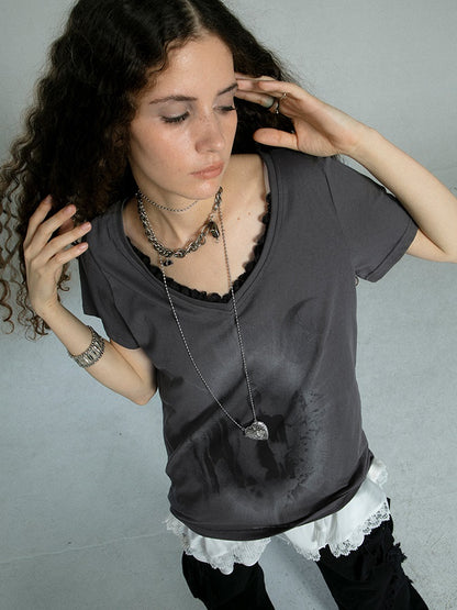 Loose Mid-length V-neck Lace Print T-shirt