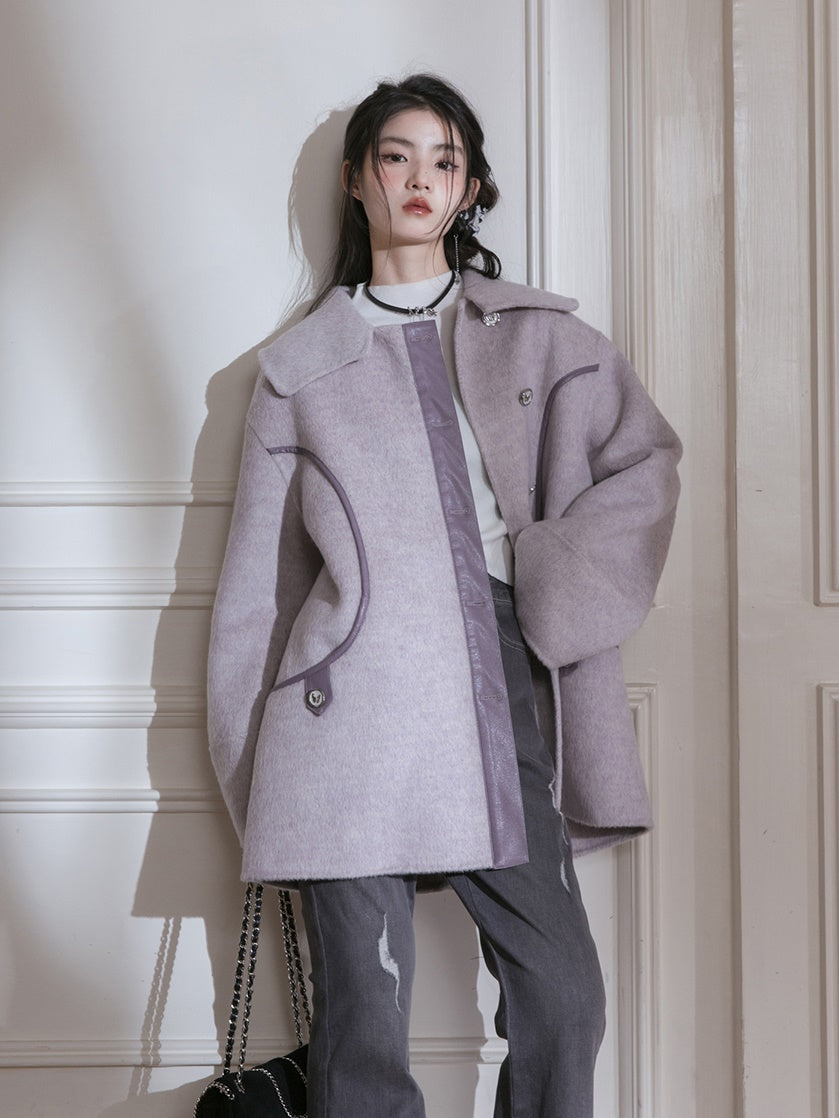 Big Lapel Spliced Leather Wool Coat